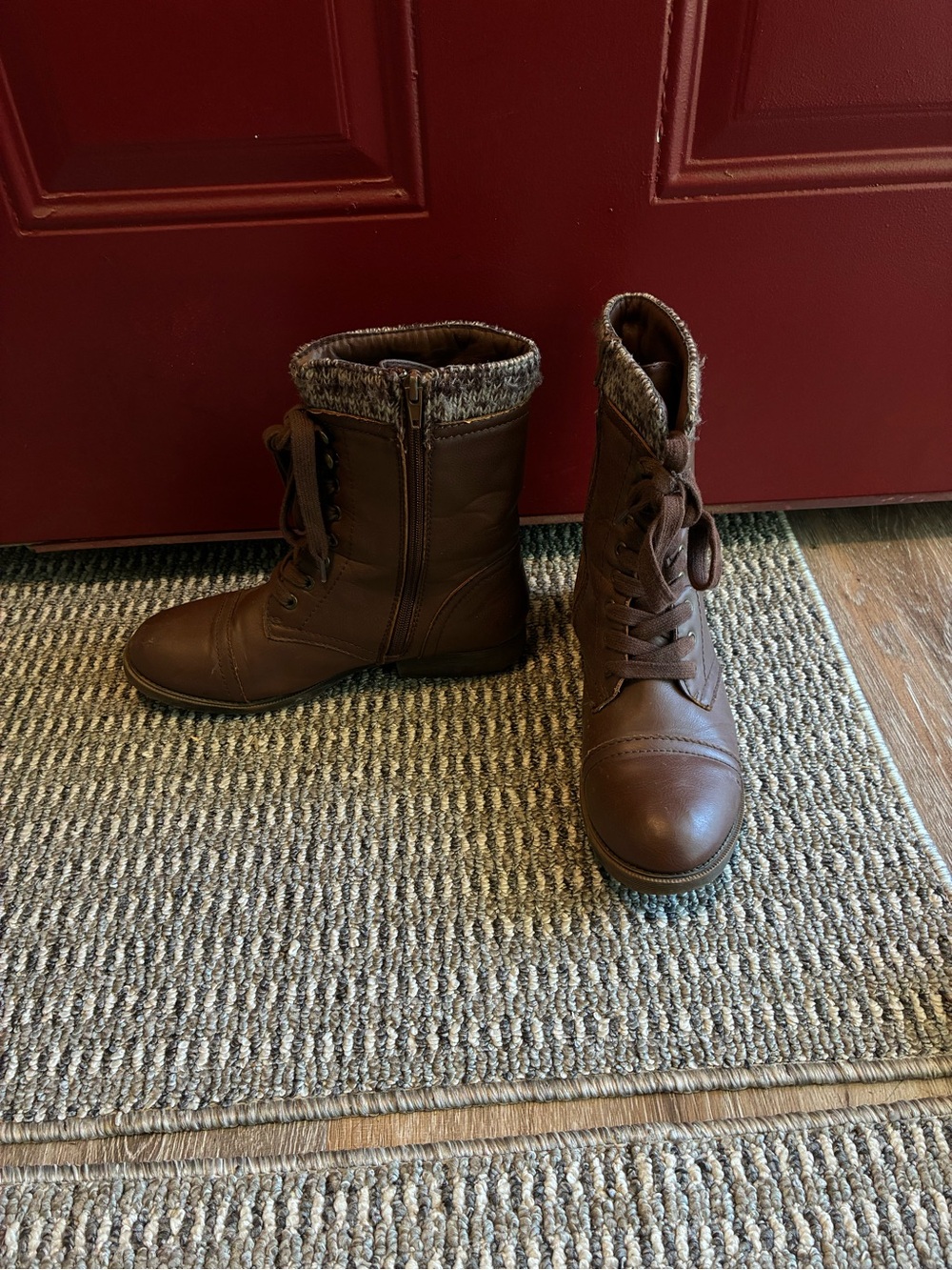 Brown Lace-Up Combat Boots with Knit Collar